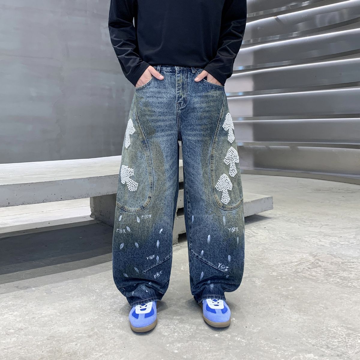 Men's Distressed Blue Washed Jeans - Relaxed Straight Leg Vintage Denim Pants With Hand-Painted Details & Hanging Beads (S-3XL, Classic Blue)_mkmklike.com