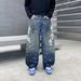 Men's Distressed Blue Washed Jeans - Relaxed Straight Leg Vintage Denim Pants With Hand-Painted Details & Hanging Beads (S-3XL, Classic Blue)_mkmklike.com