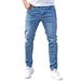 Men's Slim Fit Stretch Jeans - British Style Washed Denim, Mid-Rise With Zip Detail (Light Blue/Black/Gray, S-2XL)_mkmklike.com