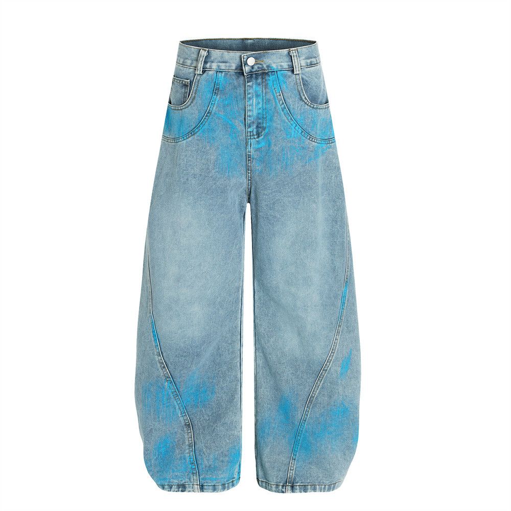 Paint Spray Washed Denim Scimitar Men's Vibe Trendy Brand High Street Distressed Loose Wide-Leg Oversized Long Pants_mkmklike.com