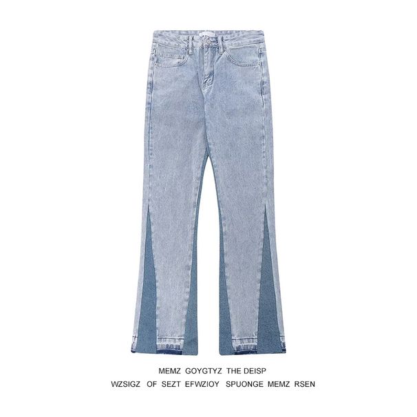 Niche washed and distressed patchwork slimming micro flared jeans, men's trendy American street casual pants_mkmklike.com