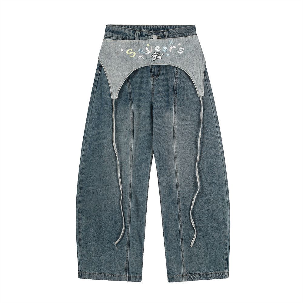 American Style Embroidered Waistband Flap Jeans Unisex Loose Street Fashion Ins Wide Leg Scimitar Pants_mkmklike.com