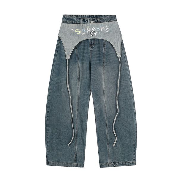 American Style Embroidered Waistband Flap Jeans Unisex Loose Street Fashion Ins Wide Leg Scimitar Pants_mkmklike.com