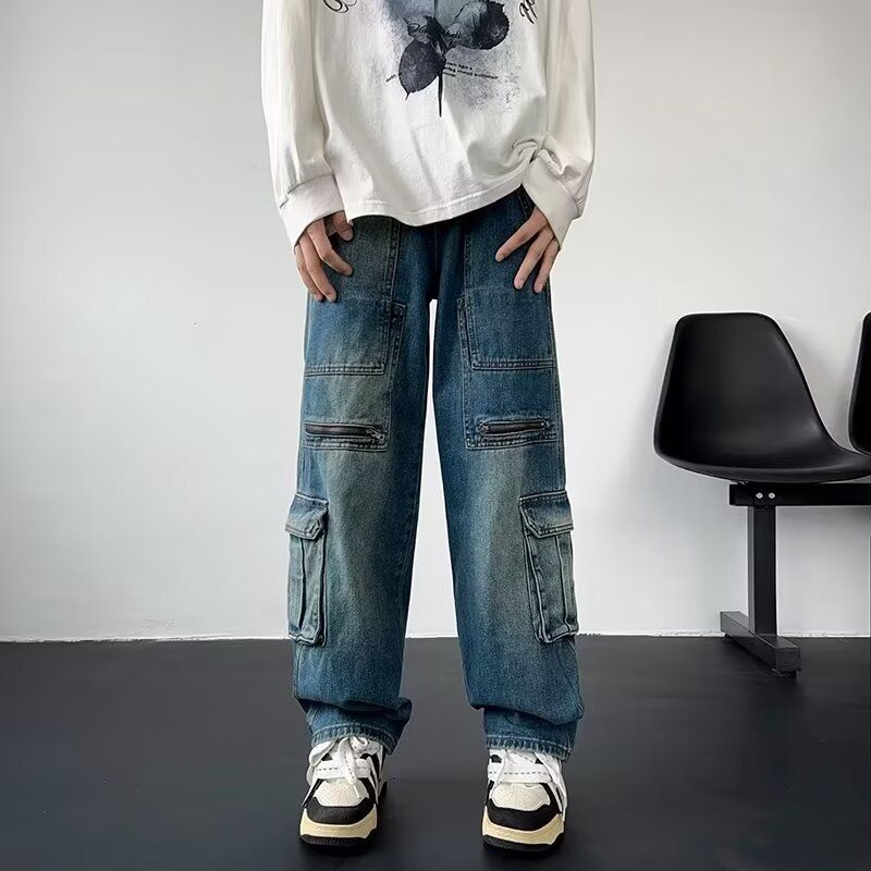 Men's American Retro Multi Pocket Washed Jeans Loose Straight Casual Wide Leg Pants Trendy Autumn Overalls for Men And Women_mkmklike.com