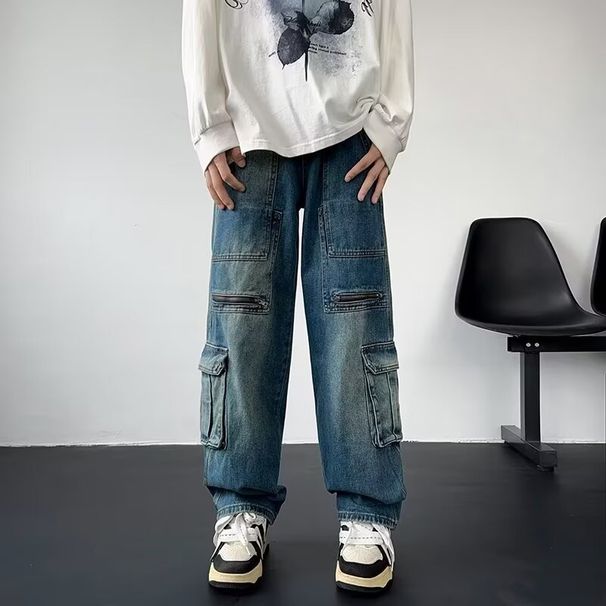 Men's American Retro Multi Pocket Washed Jeans Loose Straight Casual Wide Leg Pants Trendy Autumn Overalls for Men And Women_mkmklike.com