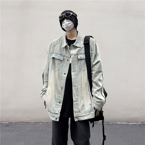 Loom European And High Street Vib Trendy Brand Men's American Retro Denim Vintage Washed Frayed Edge Workwear Jacket_mkmklike.com