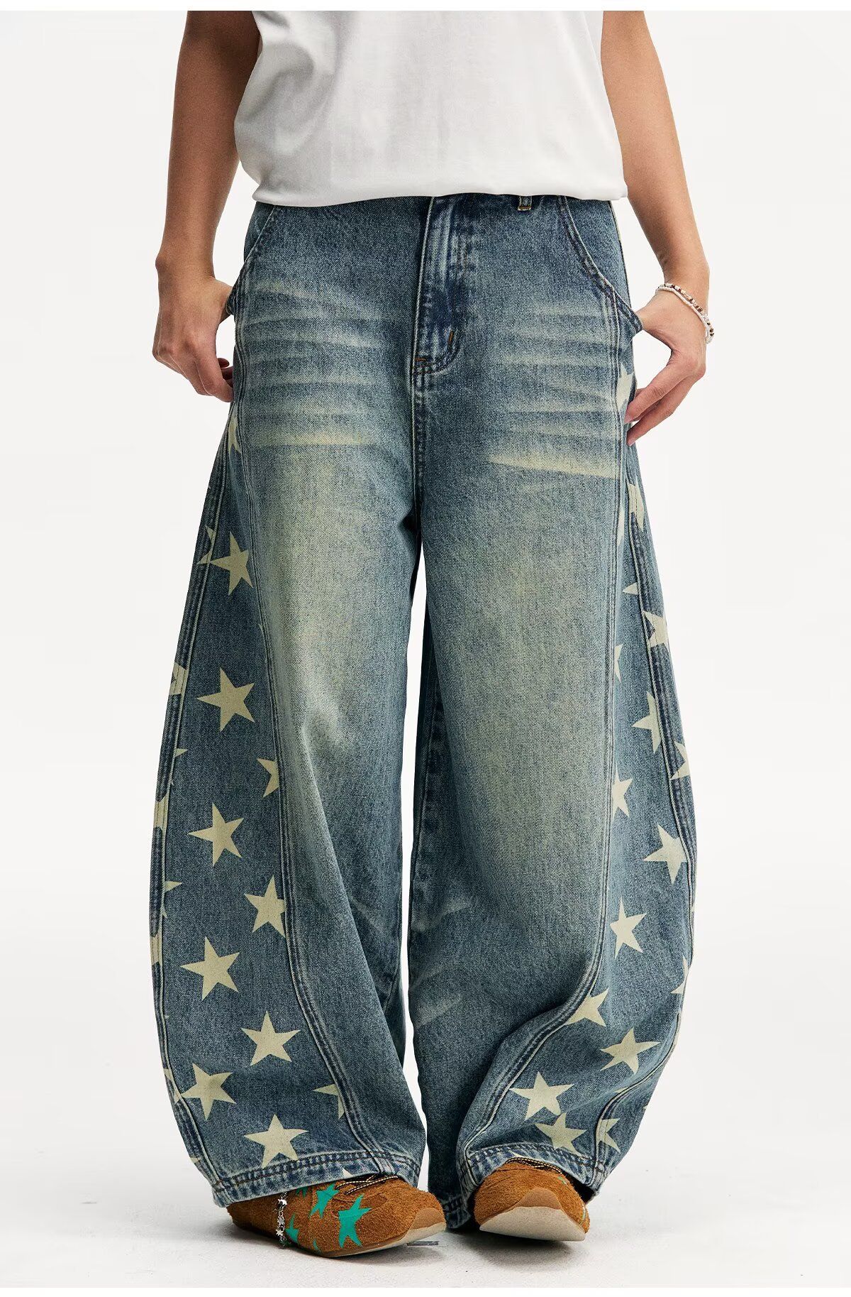 Women's High Waist Wide Leg Jeans Trendy Star Print Side Cutout Casual Cotton Hip Hop Style Loose Fitting Spring/Autumn_mkmklike.com