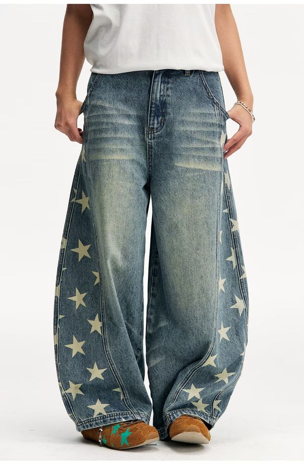 Women's High Waist Wide Leg Jeans Trendy Star Print Side Cutout Casual Cotton Hip Hop Style Loose Fitting Spring/Autumn_mkmklike.com