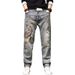 American Retro Koi Embroidered Jeans Men's National Style Fattened Plus Size Heavy Industry Old High Street Ripped Jeans_mkmklike.com