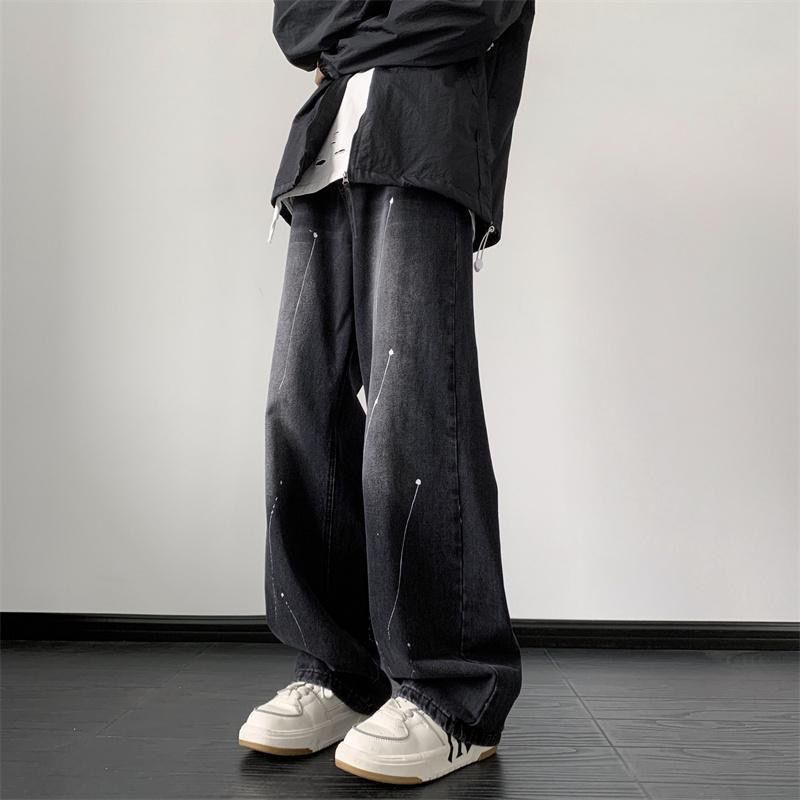 Men’s Black Wide-Leg Jeans – Retro High Street Loose Fit Pants With Ink Splash Design (Sizes M-3XL)_mkmklike.com