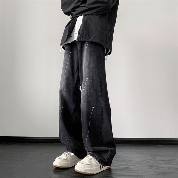 Men’s Black Wide-Leg Jeans – Retro High Street Loose Fit Pants With Ink Splash Design (Sizes M-3XL)_mkmklike.com