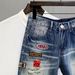 Men's Blue Distressed Embroidered Shorts Trendy Loose Straight Leg Mid Waist Denim Versatile_mkmklike.com