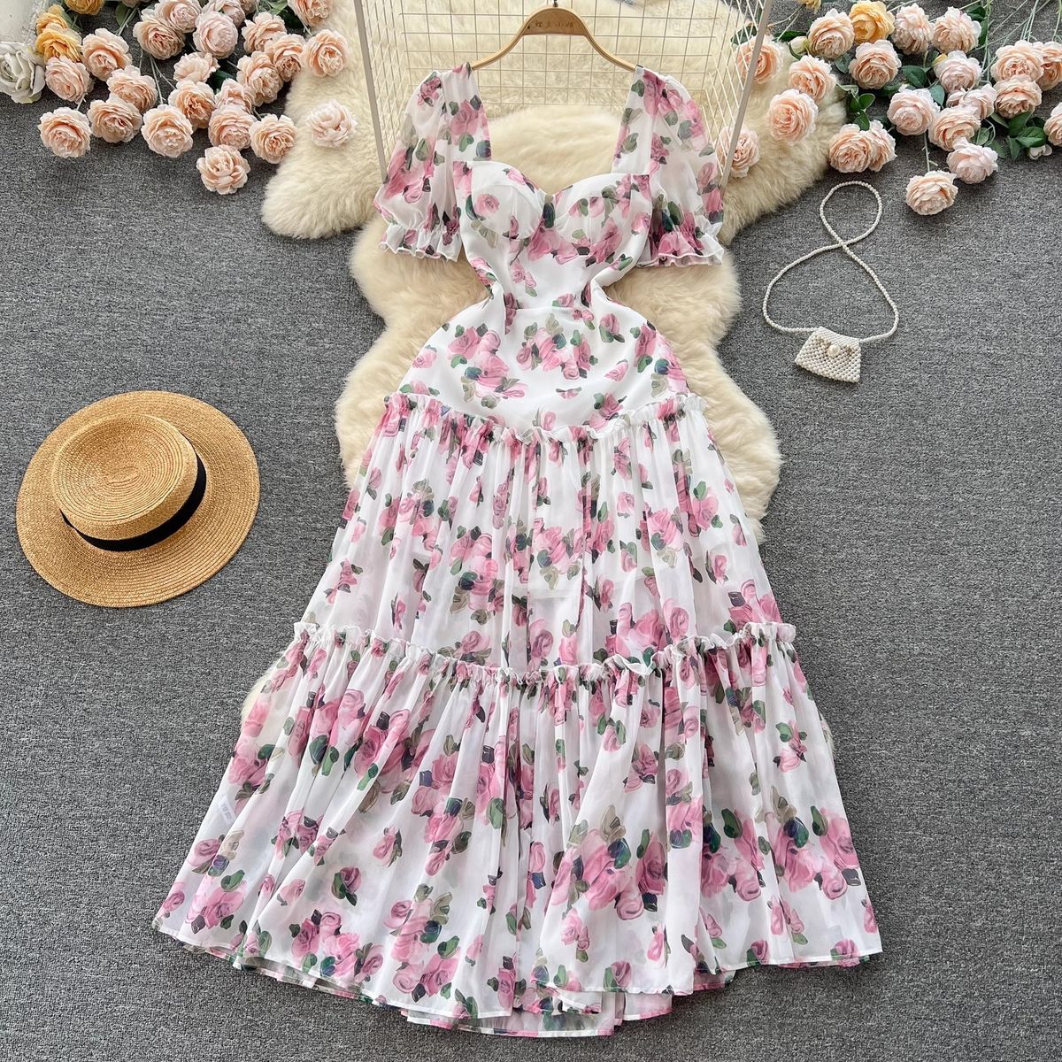 Women's square neck puff sleeve floral dress female waist temperament super fairy chiffon long dress_mkmklike.com