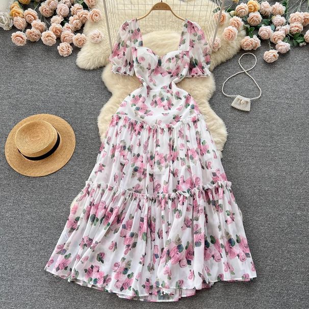 Women's square neck puff sleeve floral dress female waist temperament super fairy chiffon long dress_mkmklike.com