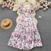 Women's square neck puff sleeve floral dress female waist temperament super fairy chiffon long dress_mkmklike.com