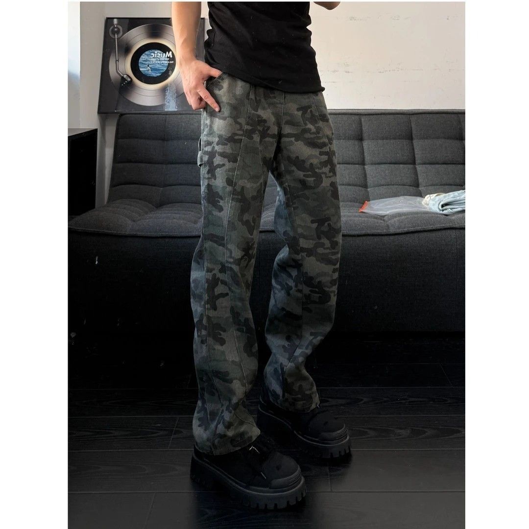 Military Camouflage Cargo Jeans - Men's Tactical Straight Leg Pants With Utility Pockets, Retro Streetwear Style_mkmklike.com