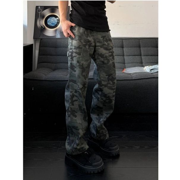 Military Camouflage Cargo Jeans - Men's Tactical Straight Leg Pants With Utility Pockets, Retro Streetwear Style_mkmklike.com