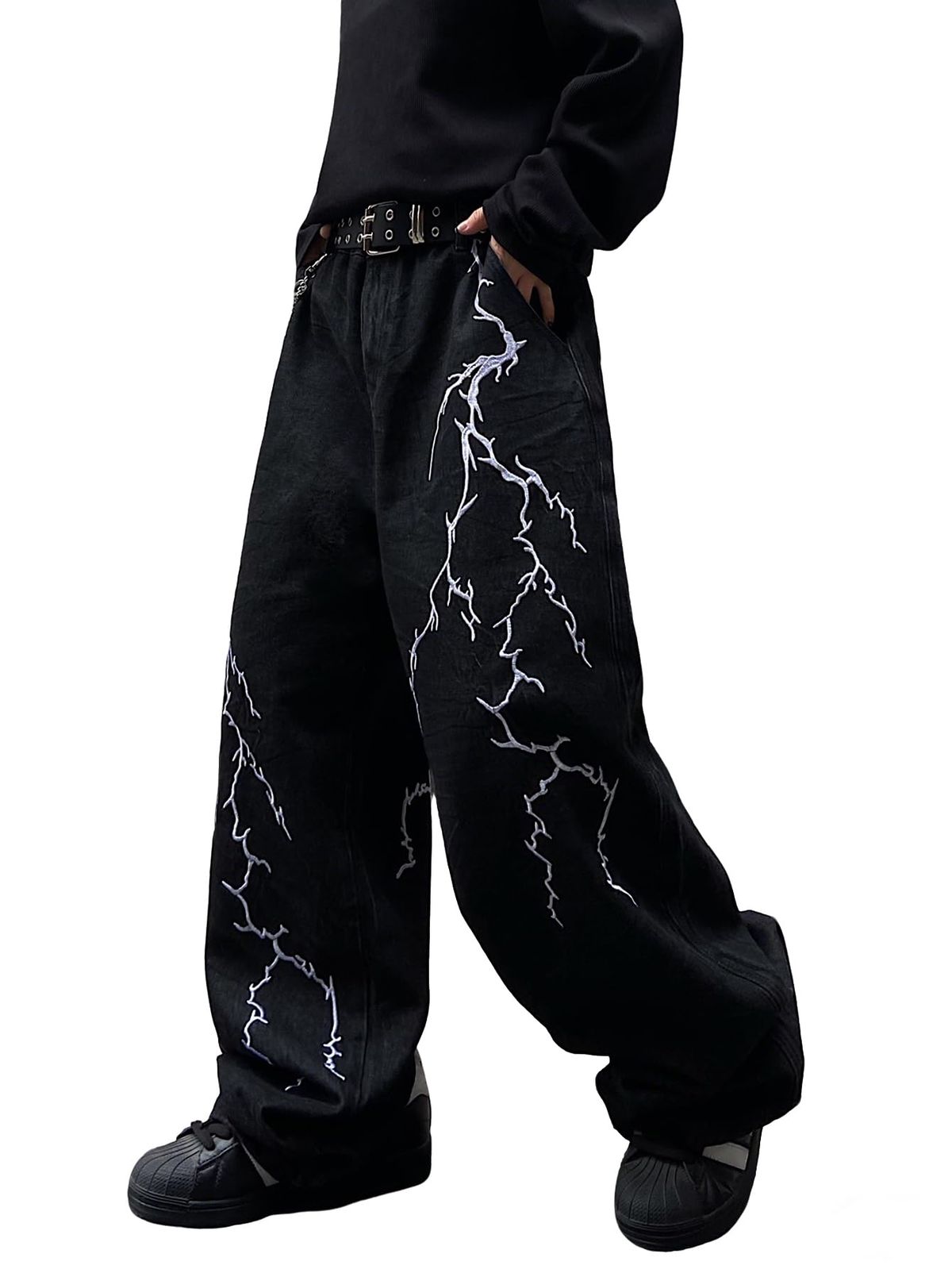 DFGIGT Men's Hip-hop Embroidered Baggy Jeans Loose Fit Denim Black Trousers_mkmklike.com