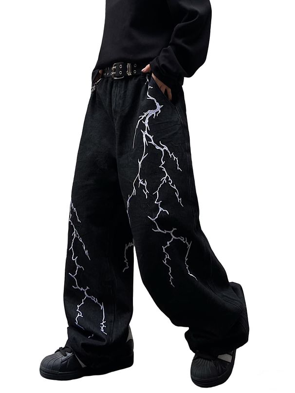 DFGIGT Men's Hip-hop Embroidered Baggy Jeans Loose Fit Denim Black Trousers_mkmklike.com