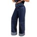 Women's Dark Blue High-Waisted Double Button Wide Leg Jeans Topstitching Rolled up Hem Patchwork Floor-Length Cargo Pants_mkmklike.com