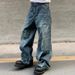 Men's American Style Deconstructed Washed Denim Jeans Loose Fit Straight Leg Distressed Heavyweight Wide Leg_mkmklike.com