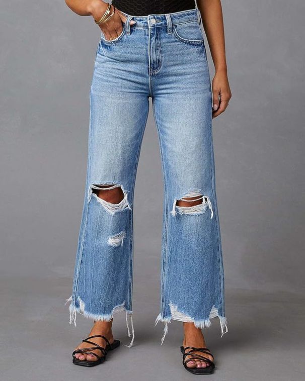 2025 New Ripped Fringed Jeans Women's Clothing Personalized Street High Waist Straight Tube_mkmklike.com