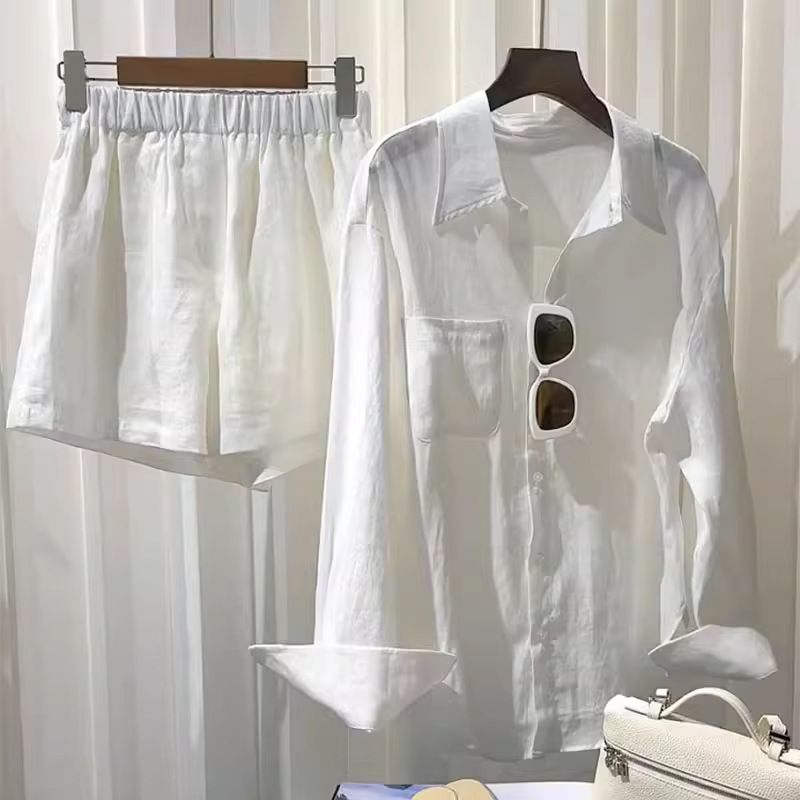 Women's Clothing White shirt linen suit loose large size cotton and linen shorts high-end texture long-sleeved shirt two-piece suit_mkmklike.com