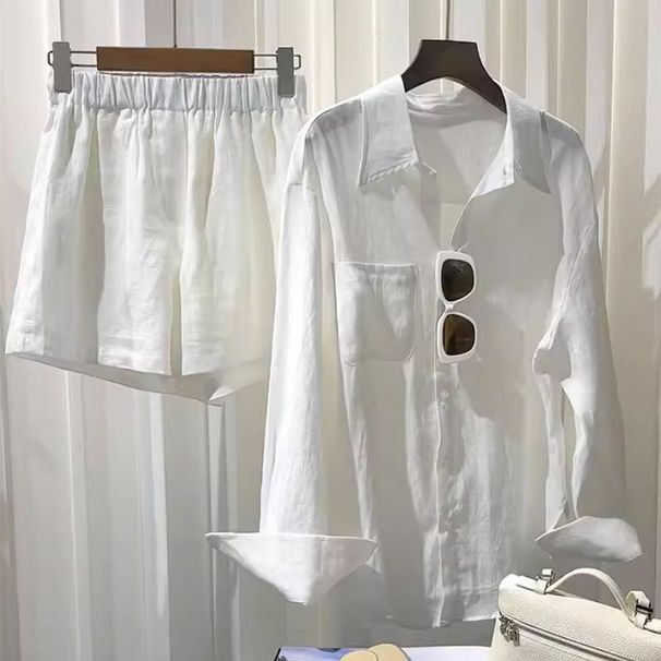 Women's Clothing White shirt linen suit loose large size cotton and linen shorts high-end texture long-sleeved shirt two-piece suit_mkmklike.com
