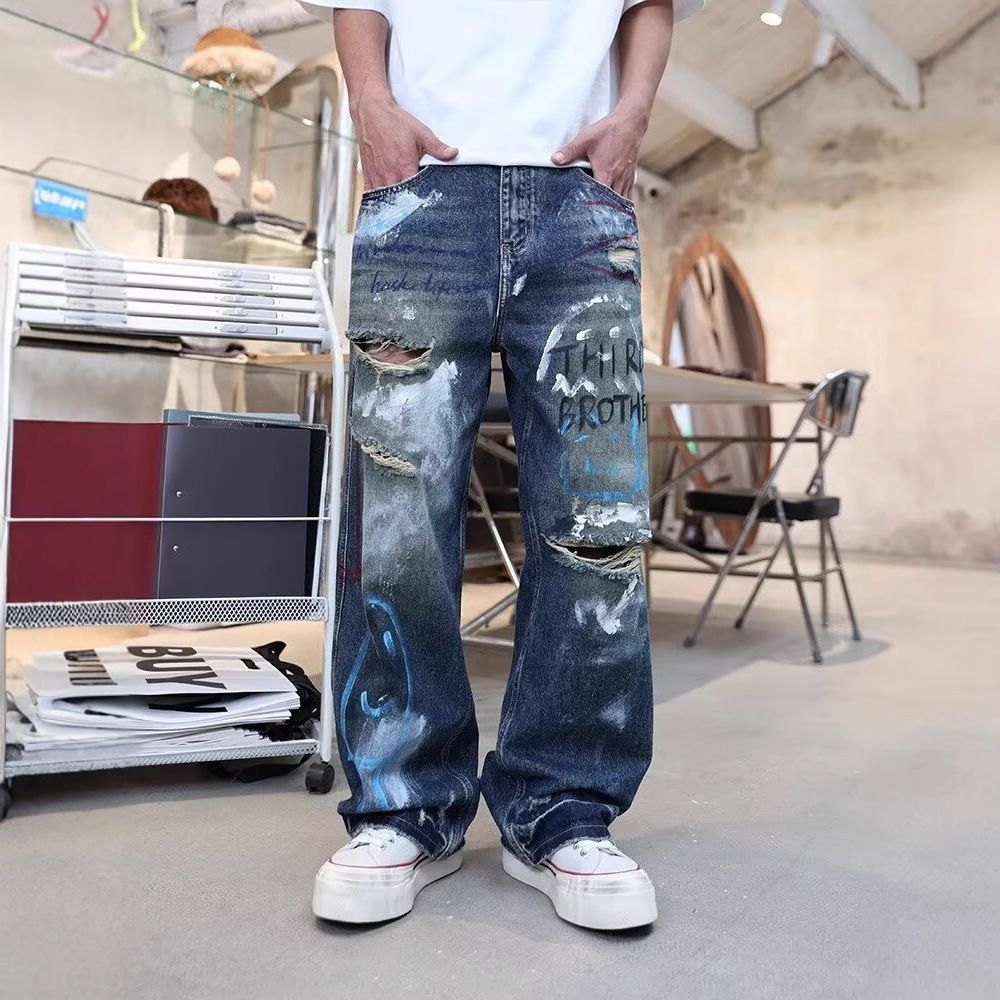 Trendy High Waist Men's Blue Jeans Aesthetic Style Vintage 2000s Streetwear Y2K Wide Leg Jean Autumn Ripped Trouser Baggy Denim Pants_mkmklike.com
