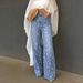 Korean Style High-Waisted Gentle Floral Print Jeans Slimming Straight Leg Versatile Wide Leg Pants NY851_mkmklike.com