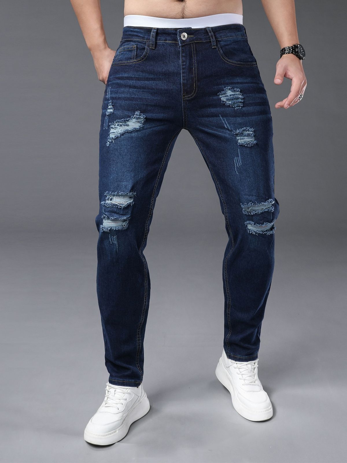 Men's Slim Fit Stretch Ripped Jeans Blue Trousers for All Seasons Stylish Denim Clothing_mkmklike.com