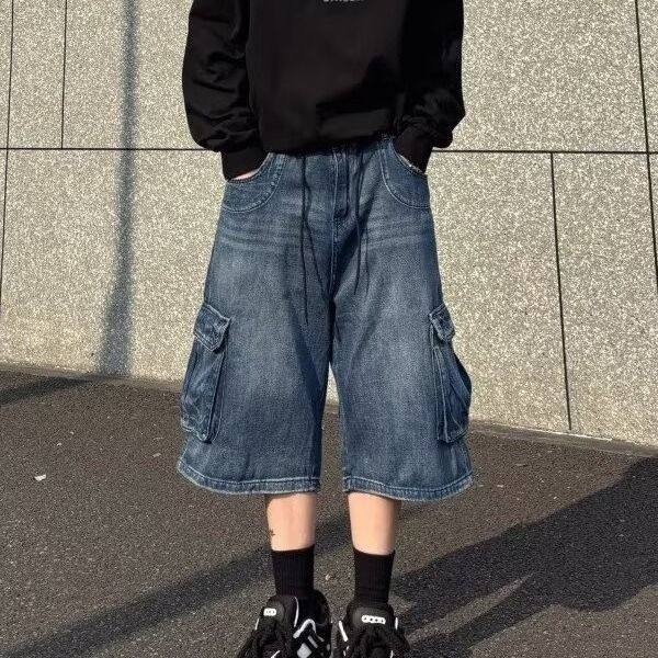 Unisex Wide-Leg Cargo Denim Shorts – Streetwear Casual Seven-Pants With Relaxed Fit For Men & Women_mkmklike.com