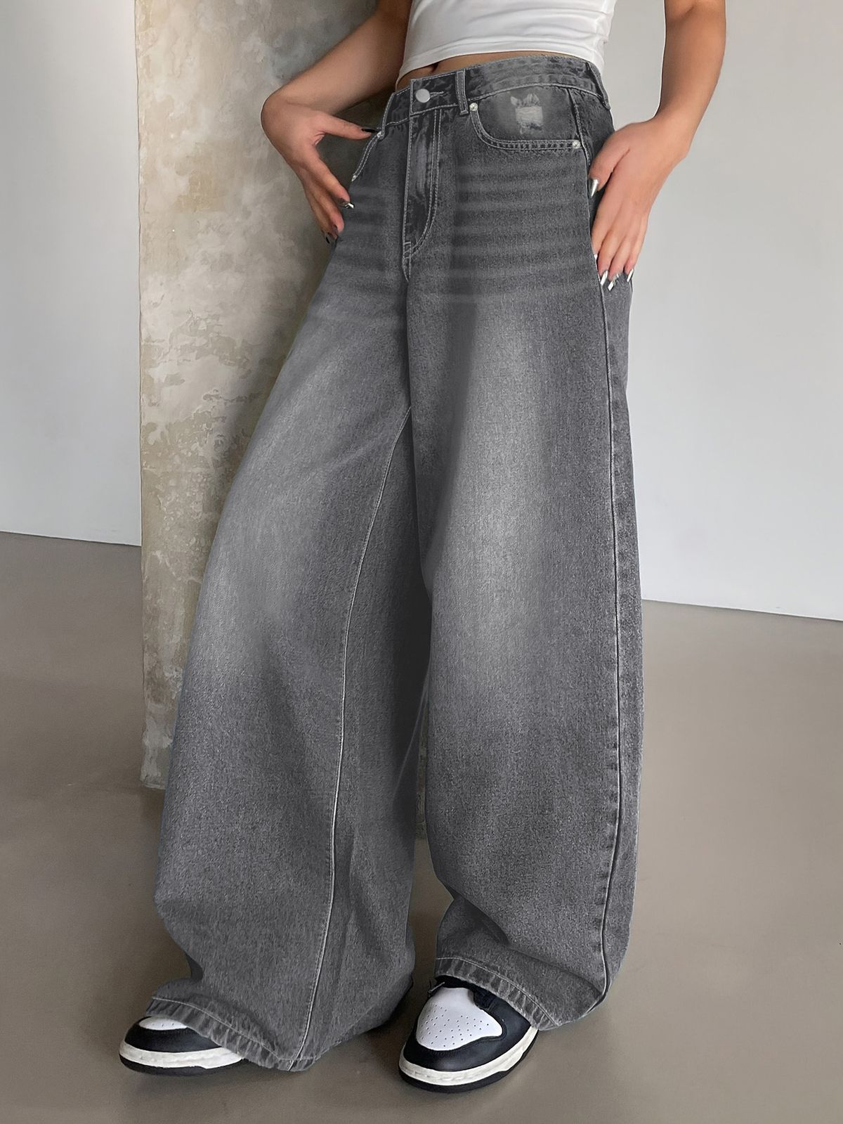 Women's High Waist Distressed Wide Leg Jeans - Vintage Washed Blue Denim Pants For Casual & Boho Style_mkmklike.com