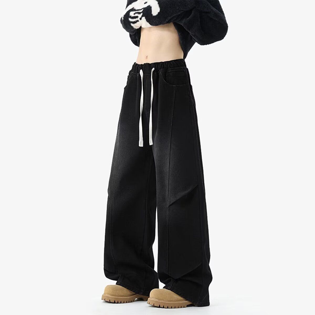 Men's Clothing Men's Retro Style Elastic Waist Jeans High Street Clean Fit Wide Leg Loose Casual Long Pants Versatile Diagonal Cut_mkmklike.com