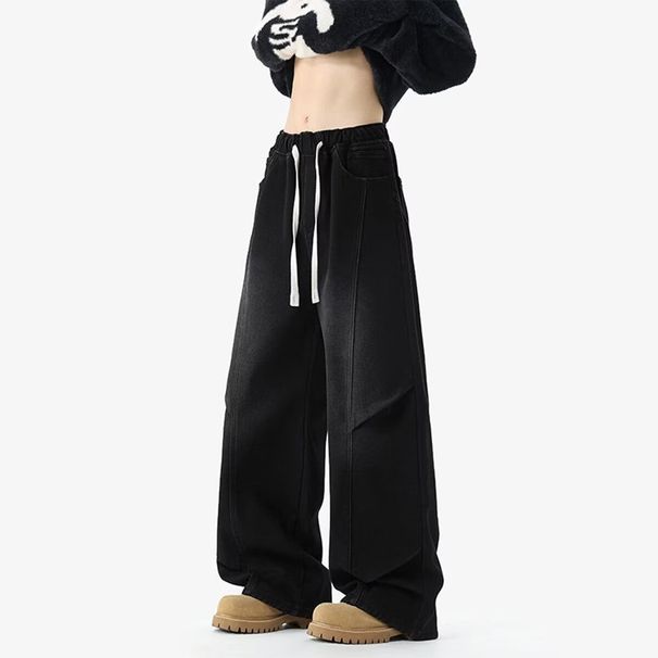 Men's Clothing Men's Retro Style Elastic Waist Jeans High Street Clean Fit Wide Leg Loose Casual Long Pants Versatile Diagonal Cut_mkmklike.com