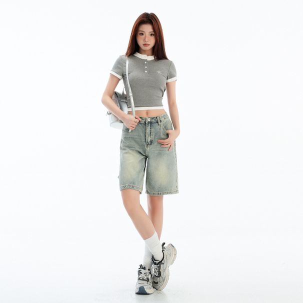 Vintage Blue Denim Shorts For Women - High Waist Straight Leg Mid-Length Summer Casual Shorts_mkmklike.com