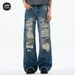 Men's Clothing High Street Ripped Jeans Straight Leg Piled Up Flared Trousers_mkmklike.com