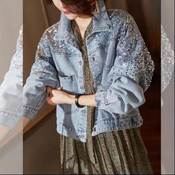 Women's Clothing Sequin Design Korean Style Casual Denim Top Denim Jacket With Rhinestone Design - Loose Fit Korean Style Casual Coat For Women_mkmklike.com