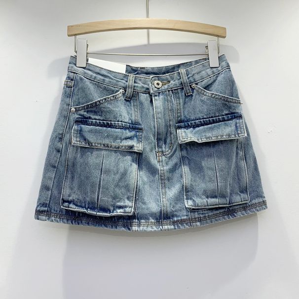 Personalized Pocket Workwear Denim Skirt For Women New Style In Spring Pink Age Reducing High Waist Niche Versatile Hip Wrapped Short Skirt_mkmklike.com