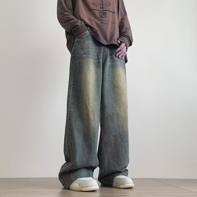 Men's Distressed Blue Wide Leg Jeans Straight Retro Style Casual Street Fashionable_mkmklike.com