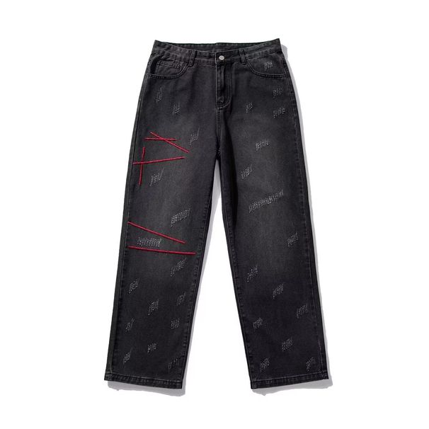 Men's Washed Distressed Denim Jeans Summer Retro Style Red Thread Embroidery Straight Leg High Street Fashion Brand_mkmklike.com