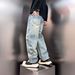 Men's Light Blue Distressed Denim Jeans Relaxed Fit High Street Straight Leg Pants With Drawstring Waist Vintage Style_mkmklike.com
