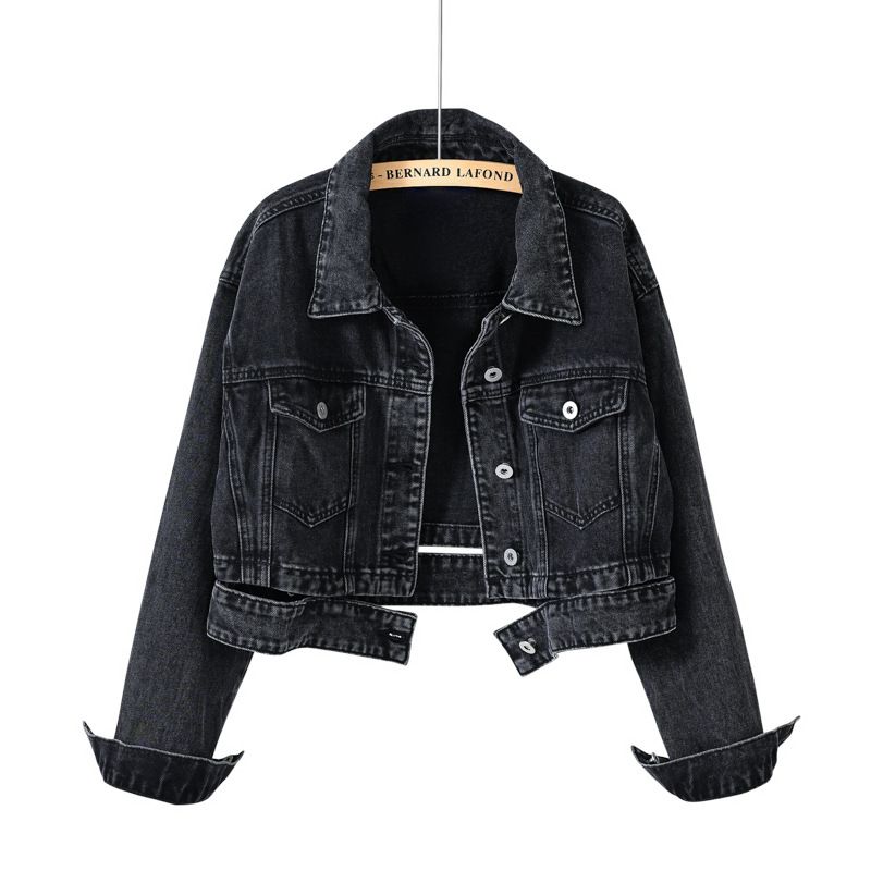 Women's Clothing Vintage Denim Jacket For Women - High Waist Black Cropped Denim Jacket With Retro Hong Kong Style_mkmklike.com