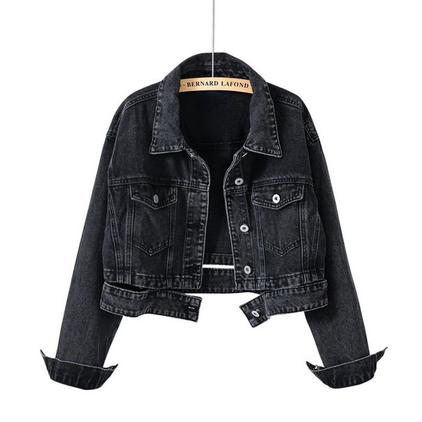 Women's Clothing Vintage Denim Jacket For Women - High Waist Black Cropped Denim Jacket With Retro Hong Kong Style_mkmklike.com
