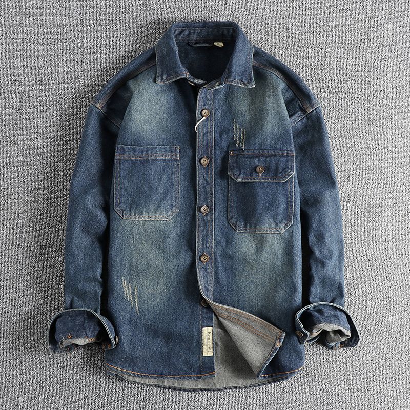 Men's Clothing Sleeve Patch Stitching Heavy Washed Distressed Retro Denim Shirt Loose Stiff Trendy Youth Shirt_mkmklike.com