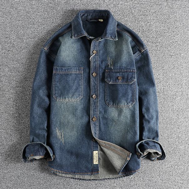 Men's Clothing Sleeve Patch Stitching Heavy Washed Distressed Retro Denim Shirt Loose Stiff Trendy Youth Shirt_mkmklike.com