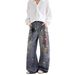 3D Three Dimensional Digital Printing Pants Chain Washed Ink Distressed Retro Wide Leg Straight Denim Trousers_mkmklike.com