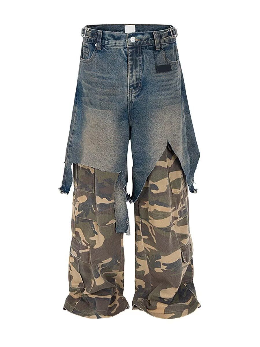 Vintage Camo Cargo Jeans For Men - Parisian Streetwear Style Loose Fit Hip Hop Denim Pants With Patchwork Design_mkmklike.com