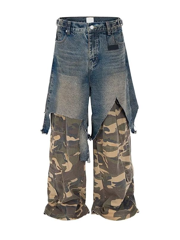Vintage Camo Cargo Jeans For Men - Parisian Streetwear Style Loose Fit Hip Hop Denim Pants With Patchwork Design_mkmklike.com