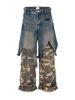 Vintage Camo Cargo Jeans For Men - Parisian Streetwear Style Loose Fit Hip Hop Denim Pants With Patchwork Design_mkmklike.com